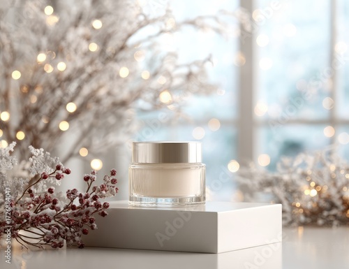 Cream jar on display, winter scene