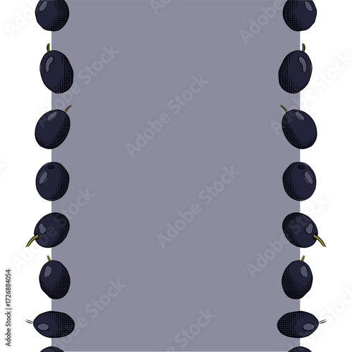 Olive black berry seamless border vertical frame template. Vector graphic line ink colored illustration. Silhouette sign for logo, print, comics, fashion, pop art, boards, design, stickers