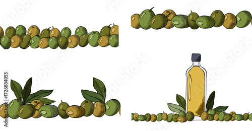 Olive berry, oil and leaves seamless border horizontal set. Vector graphic line ink colored illustration. Silhouette sign for logo, print, comics, fashion, pop art, boards, decoration, posters