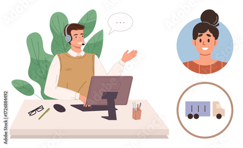 Customer service representative with headset gestures at desk, speaking with a client icon. Logistics truck included. Ideal for support, communication, teamwork, logistics, shipping, customer care