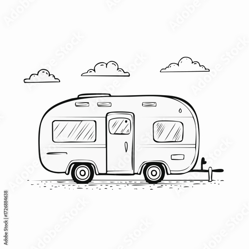 Outline sketch of a retro camper trailer, an icon of road trip vacations and the nomadic lifestyle in a simple doodle style