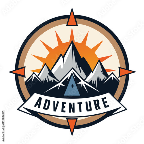 Vintage Outdoor Adventure Badge Logo with Mountains, Sun, and Compass Rose