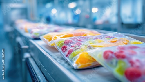 Frozen fruit bags on a factory conveyor belt (1)