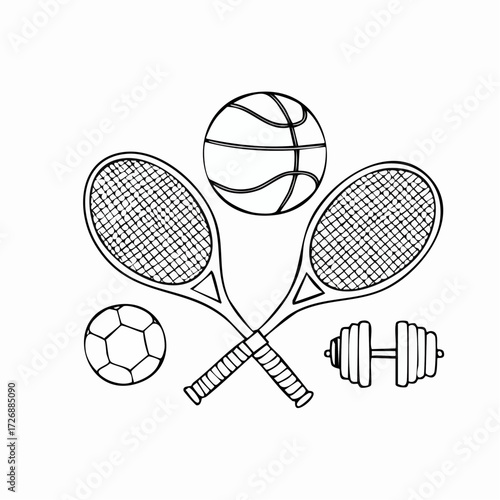 Illustration depicting a collection of various sports and fitness equipment, including crossed tennis rackets, a basketball, a soccer ball, and dumbbells, presented in a clean doodle style