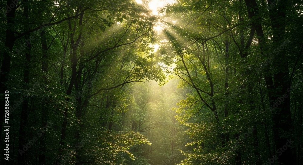 Fototapeta premium Sunlight streams through lush green forest canopy creating ethereal rays, evoking peace and natural wonder.
