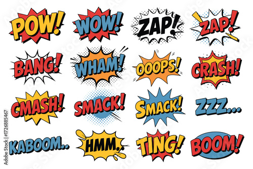 Comic book style sound effects with bright cartoon speech bubbles pow wow zap bang wham crash smack splash kaboom comic vector art