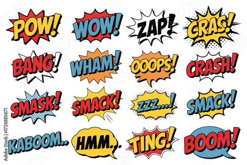 Comic book style sound effects with bright cartoon speech bubbles pow wow zap bang wham crash smack splash kaboom comic vector art