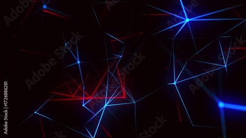 Animation of bright red and blue lines form an abstract network on a dark background. The composition resembles digital connections, neural networks or energy flows. 4K animation