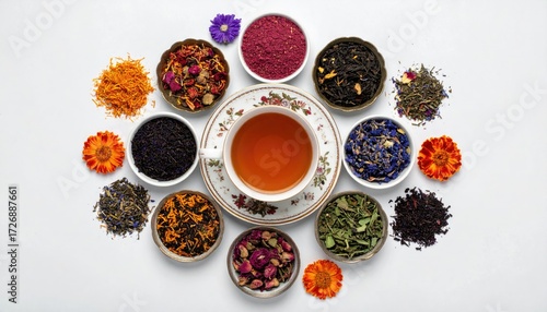 Assorted dried tea blends and flowers in small bowls arranged around a teacup