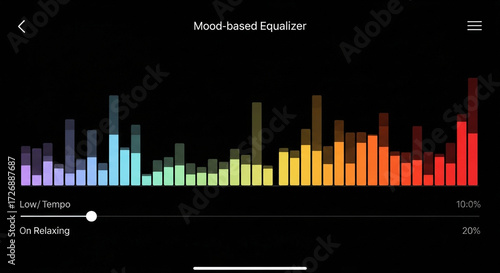 Dynamic mood equalizer interface with vibrant spectrum bars and tempo slider for personalized audio experiences