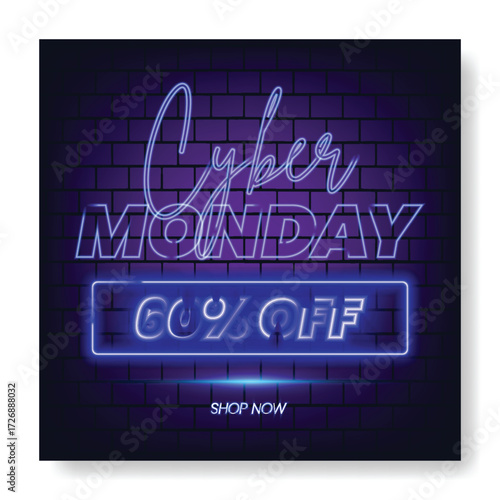 Cyber Monday Special Offer Social Media Post Template with Neon Background, Discount Web Banner, Retail Product Sale Promotion, Modern Marketing Advertisement Design Square Layout