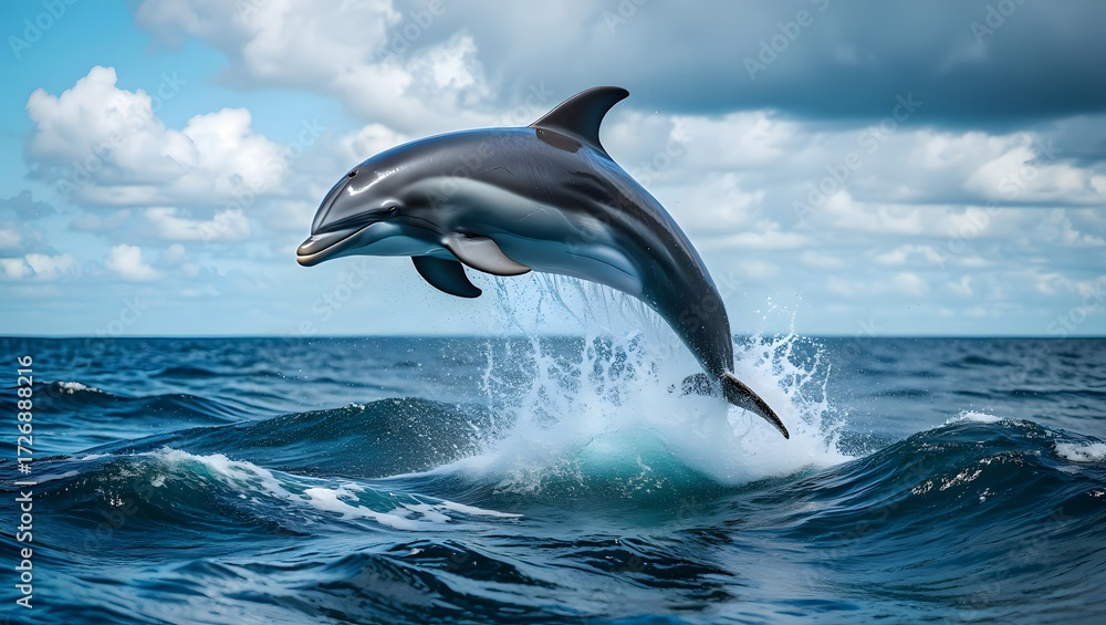 Fototapeta premium A dolphin leaps from the ocean under a cloudy sky showcasing its grace and power in nature