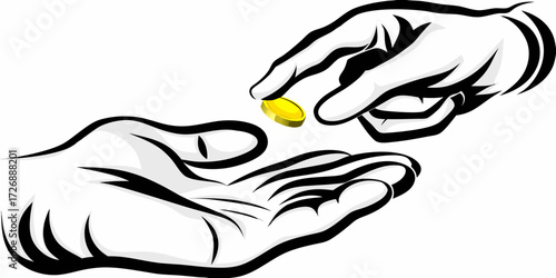 A hand giving a gold coin to another open hand in a gesture of charity or payment