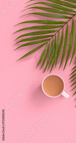 Pink background with a cup of drink and palm leaves