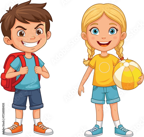 cartoon children standing together, smiling boy with backpack, happy girl holding beach ball, school kids illustration, playful summer activity scene, colorful design