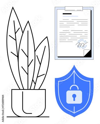Document clip on clipboard with signature, secure shield, and a potted plant. Ideal for data security, digital contracts, eco-conscious processes, legal work, online privacy, business ethics secure