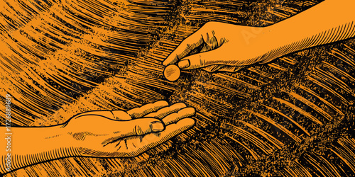 Close up of two hands one giving a coin to the other against a textured background