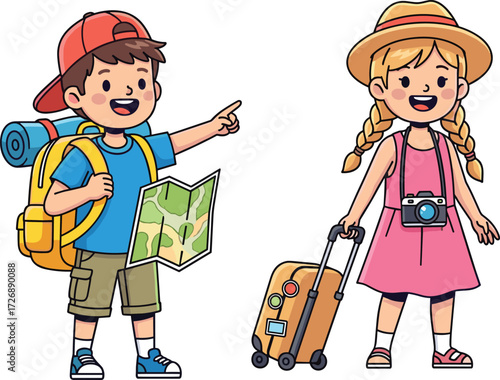 Cartoon children traveling, boy with backpack and map, girl with suitcase and camera, adventure, vacation, exploration, summer, journey, fun