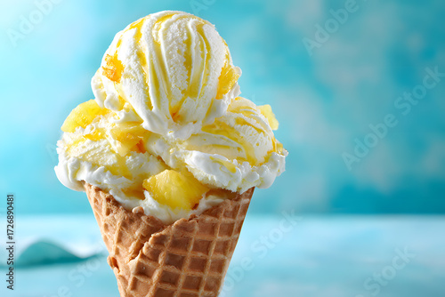 Sweet Sunshine Delight: A delightful waffle cone overflowing with creamy ice cream swirls and juicy pineapple chunks, creating a cool, summery treat against a backdrop of a soft blue sky.