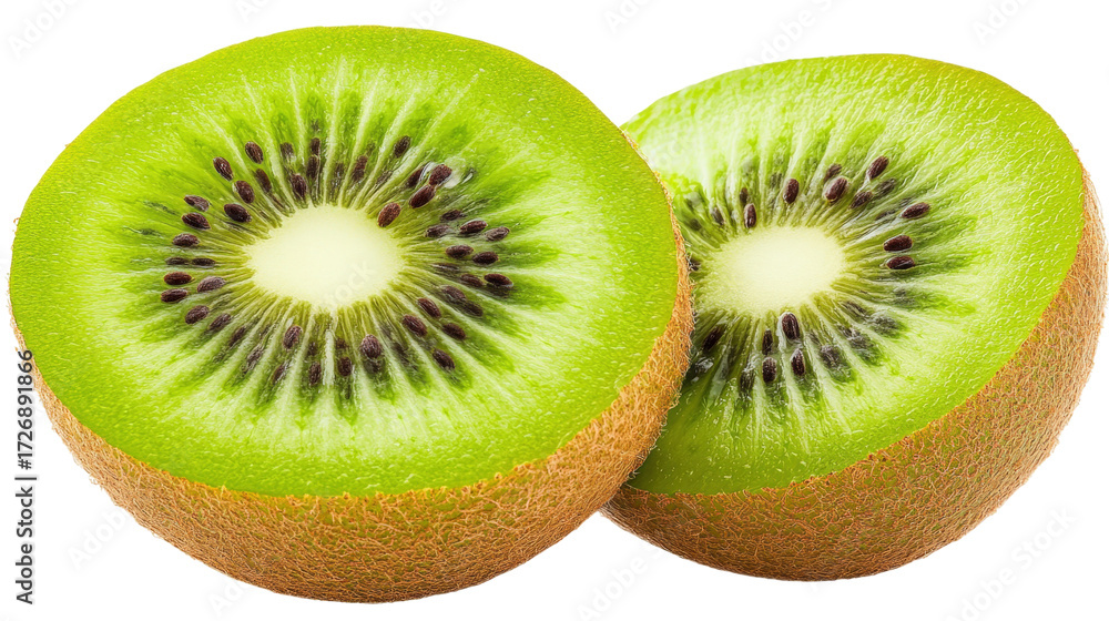 Fototapeta premium Two Halved Kiwis Showing Seeds isolated on a transparent background