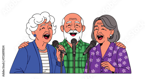 Elderly friends singing together with joyful expressions