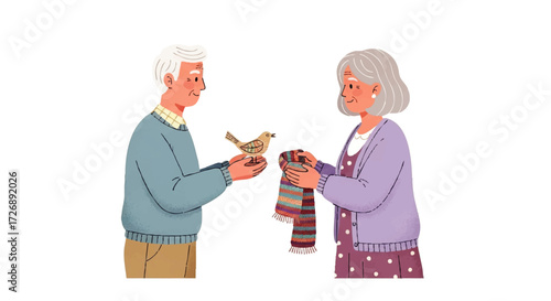 A 2D illustration of an elderly man and woman exchanging a scarf and a bird on a white background with a simple and heartwarming mood.