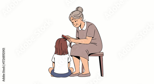 Elderly woman gently combing a young girl's hair while sitting on a stool against a plain white background with a warm and intimate mood.