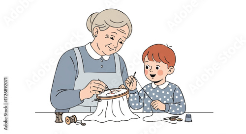 An older woman and a young boy sitting at a table, engaged in sewing and crafting activities with various tools and materials.