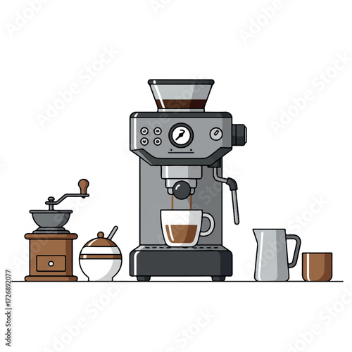 A vibrant flat 2D vector illustration shows a coffee machine brewing fresh coffee into a mug, alongside a grinder, frother, and sugar bowl on a minimalist countertop.