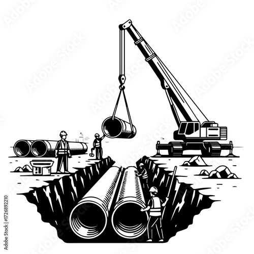 Construction Site Installing Large Pipes with Crane in Trench for Infrastructure Projects