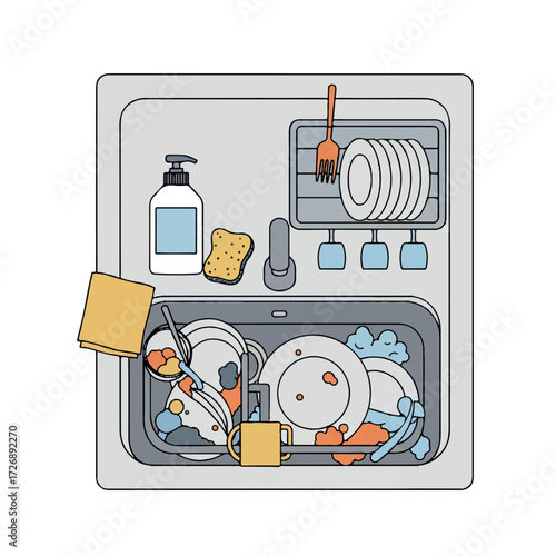 A vibrant 2D flat vector illustration displays a kitchen sink full of dirty dishes, a sponge, and soap, next to a drying rack with clean plates and glasses.