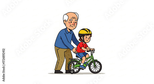 An older man assisting a young boy riding a green bicycle with a yellow helmet in a simple cartoon style on a white background.