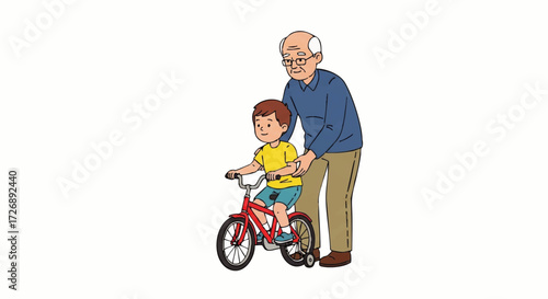 An elderly man assisting a young boy riding a red bicycle with training wheels on a plain white background.