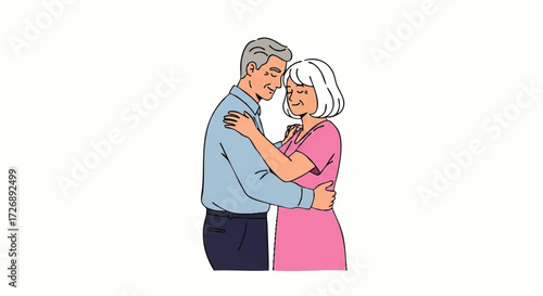 Illustration of an elderly man and woman embracing each other with love and care on a plain white background.