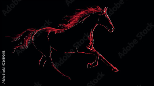 Symbol 2026 year - Fire Horse. A dynamic side silhouette of a galloping horse, detailed, smooth elegant body lines, clear muscular structure visible in the silhouette, expressive head with pointed ear