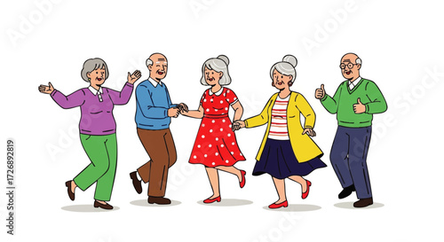 A group of five senior adults dancing in a line with colorful outfits on a white background.