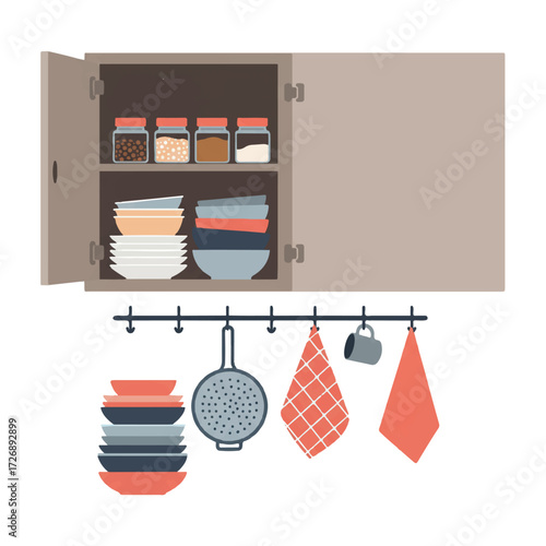 Vibrant flat 2D vector illustration: open kitchen cabinet with stacked plates, bowls, spice jars, kitchen towels, hanging colander and mugs, on clean white background.