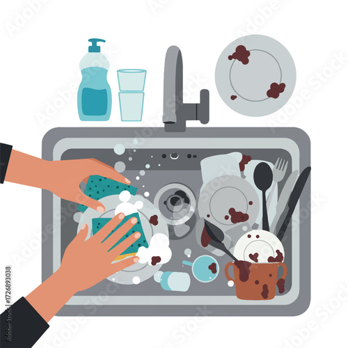 Vibrant 2D flat vector illustration of hands washing dishes in a kitchen sink, featuring a dish soap bottle, sponge, plates, glasses, and cutlery on a white background.