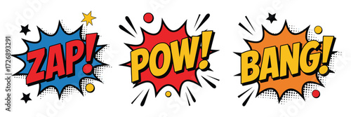 Colorful comic style zap pow bang sound effects in speech bubbles vector illustration