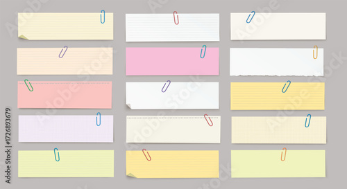 Vector set of horizontal paper stripes with paper clips and shadow on transparent background.
