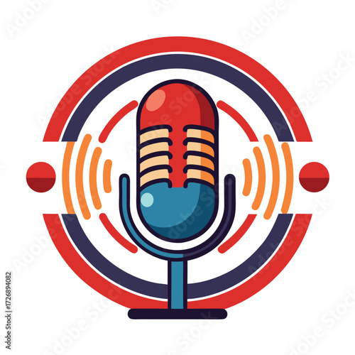 Retro Microphone Podcast Logo with Sound Waves and Broadcasting Symbol