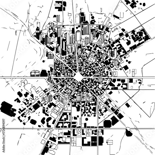 Aerial view of a city grid with a central business district and radiating roads, highlighting urban planning and architectural layout
