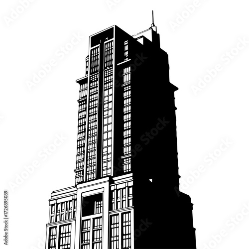 Monochromatic graphic representation of a modern city skyscraper, a bold architectural vector illustration isolated on a white background