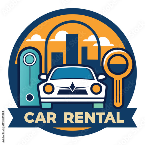 Car Rental Service Logo Badge Vector with City Skyline and Key Symbol