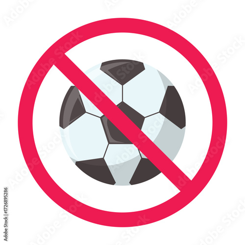 No soccer or football sign, forbidden sign with football ball icon, soccer prohibited symbol, do not play soccer sign, vector illustration