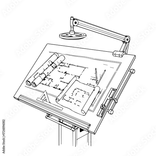 A classic adjustable drafting board with rolled-up architectural plans, precision drawing tools, and a desk lamp. Isolated black and white line art vector illustration