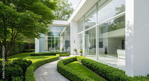 Stunning modern luxury villa with manicured gardens and expansive glass facade offering a serene, elegant lifestyle escape.