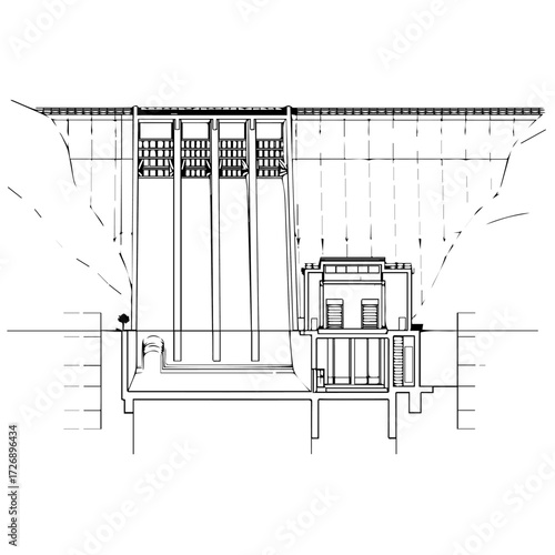 A detailed cross-section schematic of a hydroelectric power plant and dam structure. Technical vector blueprint of a renewable energy generation facility