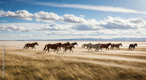 Experience the thrill of wild horses running free across the windswept plains in this stunning landscape scene, perfect for travel and adventure themes