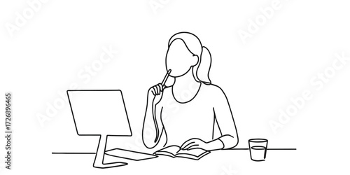 Single continuous line drawing of a young female employee sitting on her chair, thinking of a smart solution for unfinished work. Minimalist one line vector illustration representing problem solving